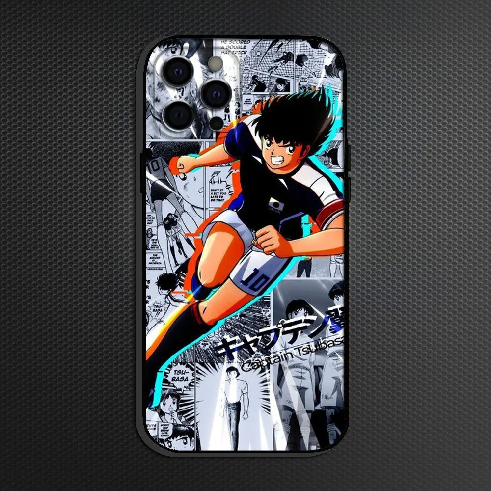 Captain Tsubasa Anime Phone Case For iPhone 16,15,14,13,12,11 Plus,Pro Max, Soft Silicone Black Cover