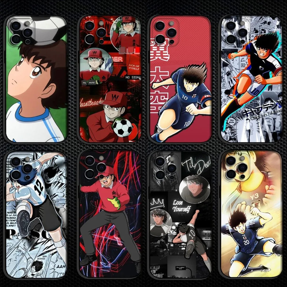 Captain Tsubasa Anime Phone Case For iPhone 16,15,14,13,12,11 Plus,Pro Max, Soft Silicone Black Cover