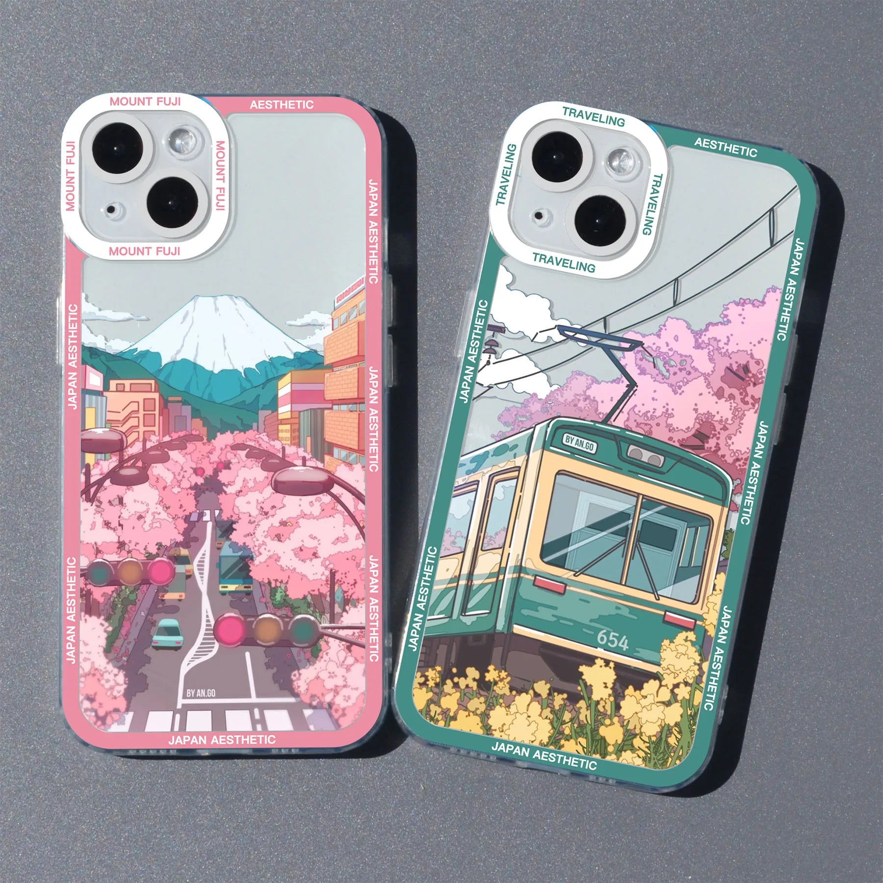 Japan Anime Scenery Aesthetic Tram Moun Fuji Phone Case For iPhone 16 13 15 11 12 14 Pro Max Mini Landscape Clear Cover Shells