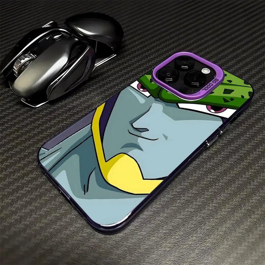 Villains Cell and Frieza iPhone Soft Cover Case featuring detailed artwork of Cell on a smartphone.