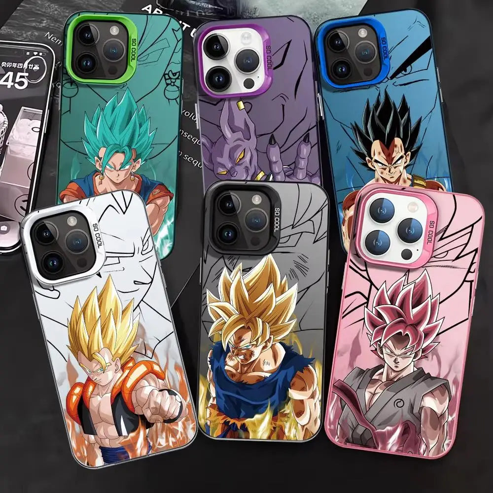 Dragon Ball iPhone Case featuring colorful designs of popular characters for iPhone 15 Pro Max.
