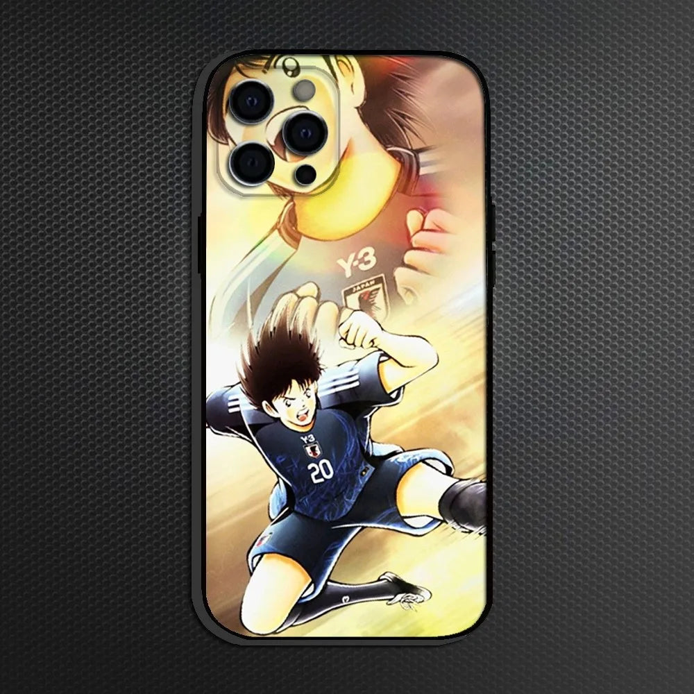 Captain Tsubasa Anime Phone Case For iPhone 16,15,14,13,12,11 Plus,Pro Max, Soft Silicone Black Cover
