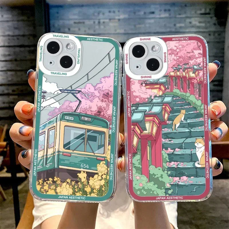 Japan Anime Scenery Aesthetic Tram Moun Fuji Phone Case For iPhone 16 13 15 11 12 14 Pro Max Mini Landscape Clear Cover Shells