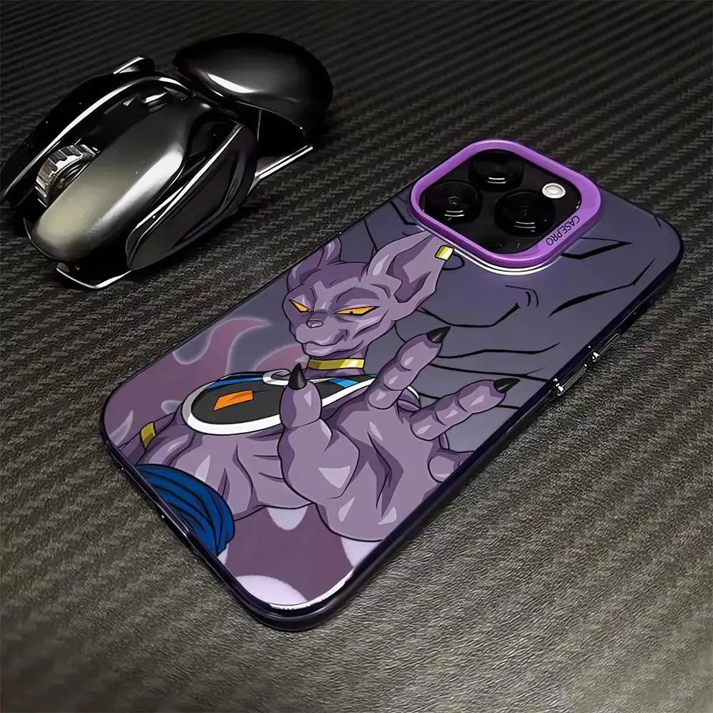 Dragon Ball iPhone Case featuring a stylized illustration of a purple character on a sleek TPU silicone cover.