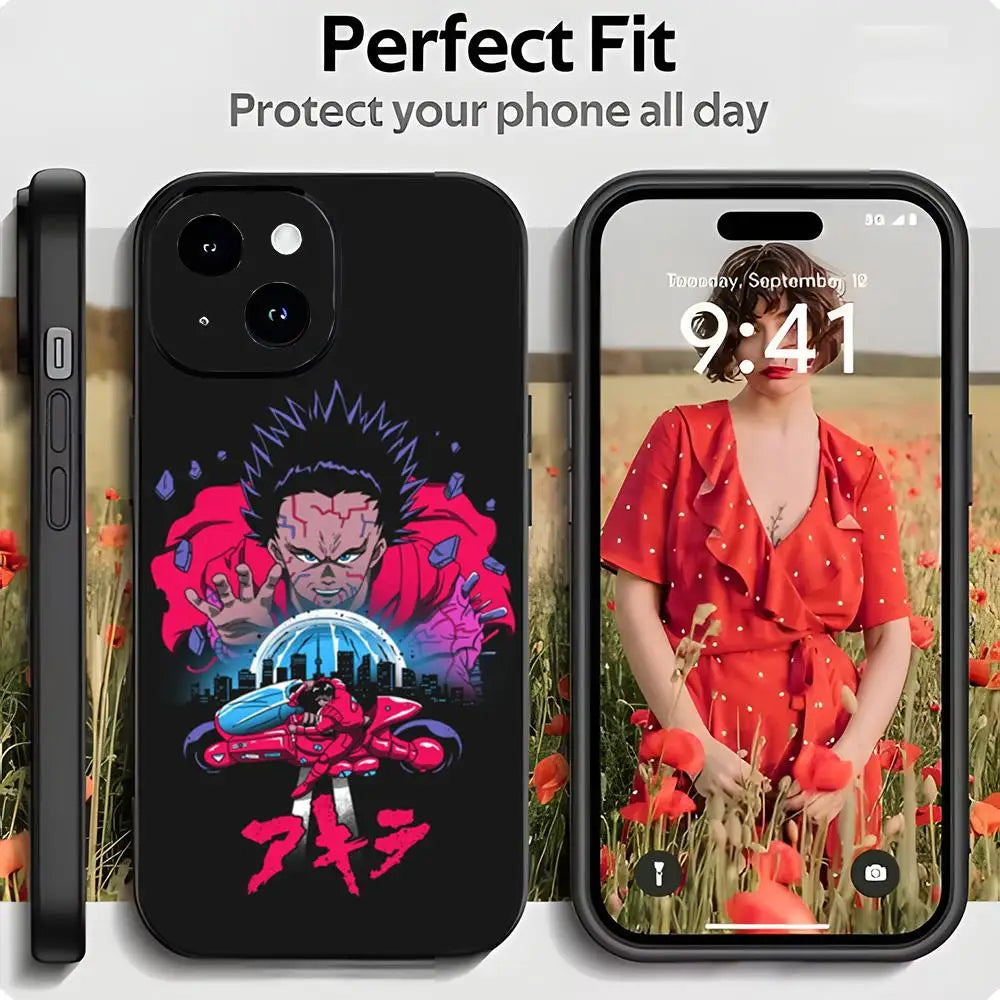 Akira Red Anime Film Phone Case – Matte Black iPhone 13–16 Pro Max
