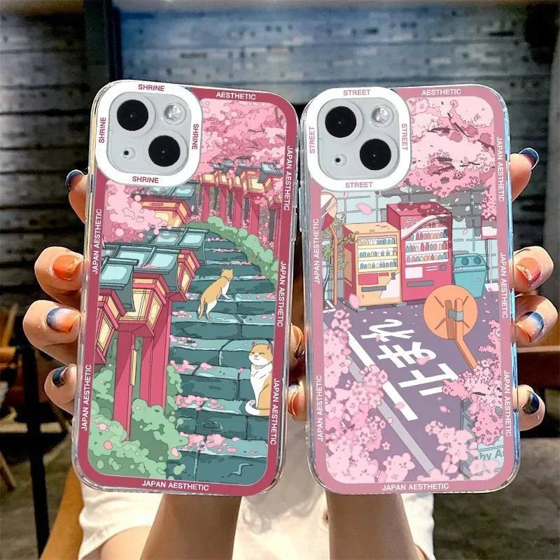 Japan Anime Scenery Aesthetic Tram Moun Fuji Phone Case For iPhone 16 13 15 11 12 14 Pro Max Mini Landscape Clear Cover Shells