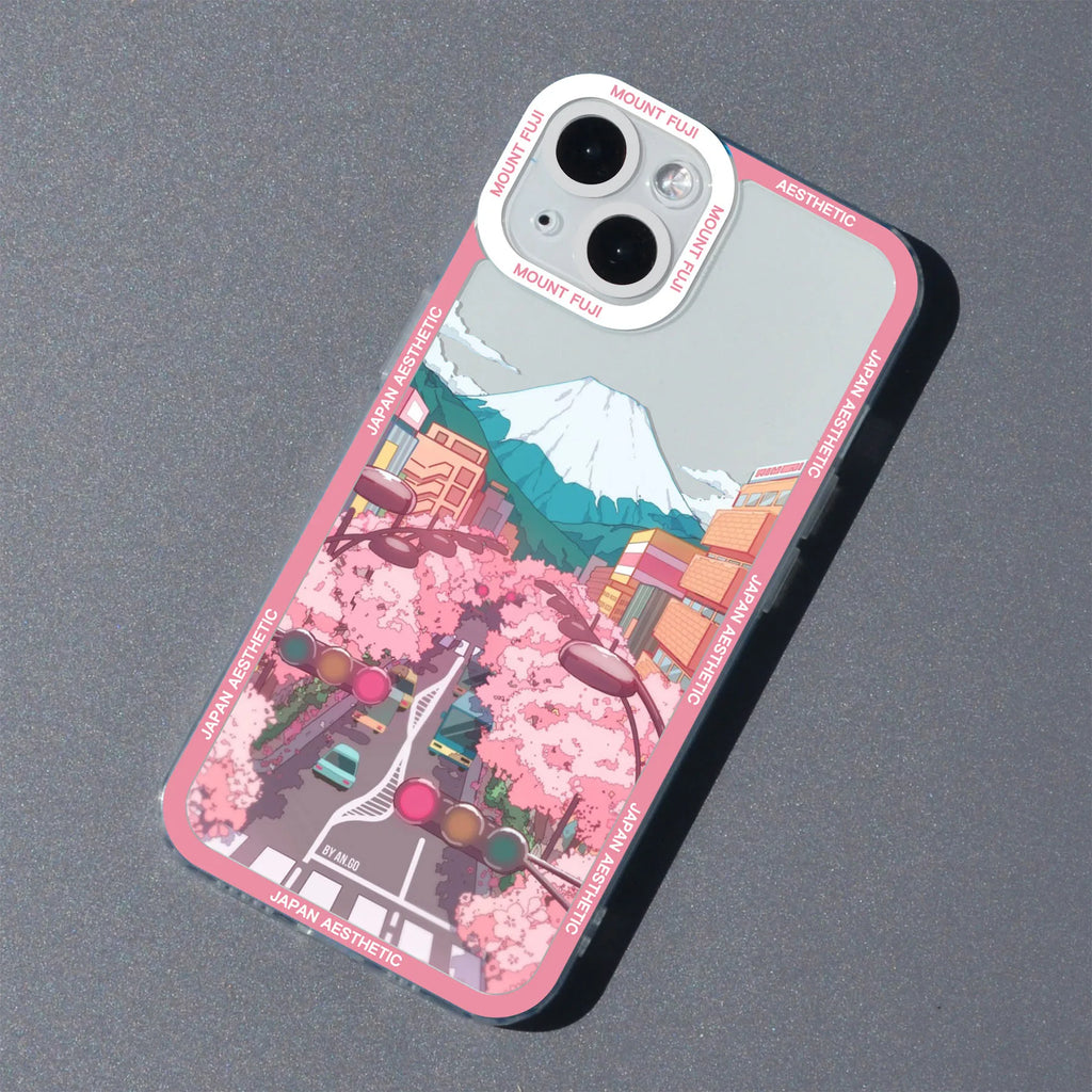Japan Anime Scenery Aesthetic Tram Moun Fuji Phone Case For iPhone 16 13 15 11 12 14 Pro Max Mini Landscape Clear Cover Shells